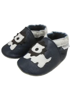 Dunkelblaue Baby Leder Krabbelschuhe, mit rutschfester Sohle – Mops-Muster