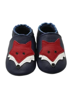 Dunkelblaue Baby Leder Krabbelschuhe, mit rutschfester Sohle – Fuchs-Muster