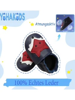 Dunkelblaue Baby Leder Krabbelschuhe, mit rutschfester Sohle – Fuchs-Muster