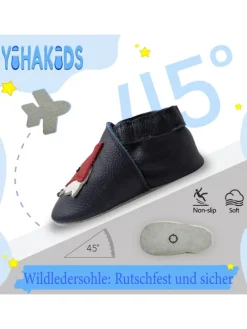 Dunkelblaue Baby Leder Krabbelschuhe, mit rutschfester Sohle – Fuchs-Muster