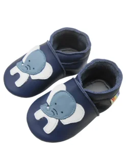 Dunkelblaue Babyschuhe aus echtem Leder ，rutschfester Sohle–Mit Elefanten-Muster