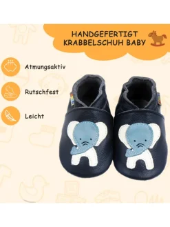 Dunkelblaue Babyschuhe aus echtem Leder ，rutschfester Sohle–Mit Elefanten-Muster