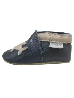 Dunkelblaue Leder Babyschuhe, Krabbelschuhe, rutschfeste Sohle - Hai-Muster
