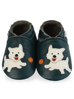 Dunkelgrüne Babyleder-Kleinkindschuhe, bequeme rutschfeste Sohle - Welpenmuster