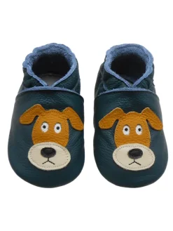 Dunkelgrüne Baby-Leder-Laufschuhe, mit rutschfester Sohle - mit Mops-Motiv