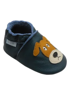 Dunkelgrüne Baby-Leder-Laufschuhe, mit rutschfester Sohle - mit Mops-Motiv