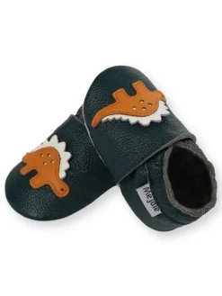 Dunkelgrüne Baby-Leder-Wanderschuhe, rutschfeste Sohlen - Triceratops-Muster