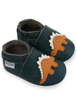 Dunkelgrüne Baby-Leder-Wanderschuhe, rutschfeste Sohlen - Triceratops-Muster
