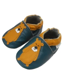 Dunkelgrüne Leder Babyschuhe, Krabbelschuhe, rutschfeste Sohle - Bärenmuster