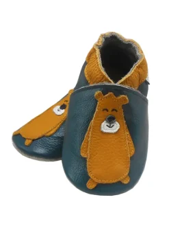 Dunkelgrüne Leder Babyschuhe, Krabbelschuhe, rutschfeste Sohle - Bärenmuster