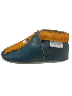 Dunkelgrüne Leder Babyschuhe, Krabbelschuhe, rutschfeste Sohle - Bärenmuster