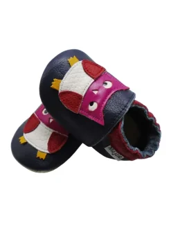 Dunkellila Baby Leder Krabbelschuhe, mit rutschfester Sohle - Eulen-Muster
