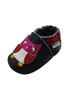 Dunkellila Baby Leder Krabbelschuhe, mit rutschfester Sohle - Eulen-Muster