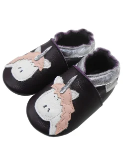 Dunkellila Leder Krabbelschuhe für Babys, rutschfeste Sohle – Einhorn-Muster