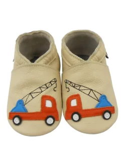 Elfenbeinfarbene Baby-Leder-Laufschuhe, mit rutschfester Sohle - Lastwagenmotiv