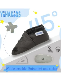 Grau Baby Leder Krabbelschuhe, mit rutschfester Sohle – Sternenmuster