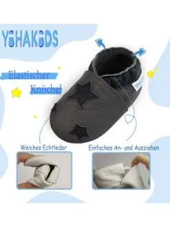 Grau Baby Leder Krabbelschuhe, mit rutschfester Sohle – Sternenmuster