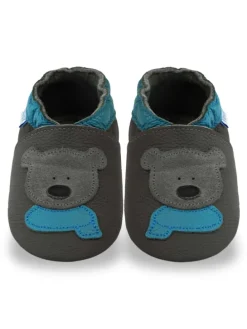 Grau Baby Leder Krabbelschuhe, mit rutschfester Sohle – Bären-Muster