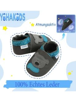 Grau Baby Leder Krabbelschuhe, mit rutschfester Sohle – Bären-Muster
