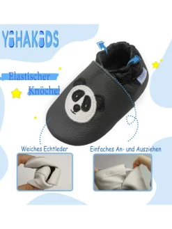 Grau Baby Leder Krabbelschuhe, mit rutschfester Sohle – Panda-Muster