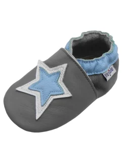 Graue Baby-Laufanfänger aus echtem Leder, rutschfeste Sohlen – Sternmuster