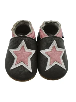 Graue Baby-Laufschuhe aus echtem Lede，rutschfester, weicher Sohle–Sternmuster