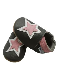 Graue Baby-Laufschuhe aus echtem Lede，rutschfester, weicher Sohle–Sternmuster