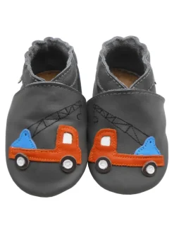 Graue Baby-Leder-Laufschuhe, komfortabel mit rutschfester Sohle - Lastwagenmotiv