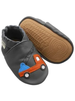 Graue Baby-Leder-Laufschuhe, komfortabel mit rutschfester Sohle - Lastwagenmotiv