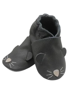 Graue Baby-Leder-Laufschuhe, komfortabel mit rutschfester Sohle - Mäusemuster