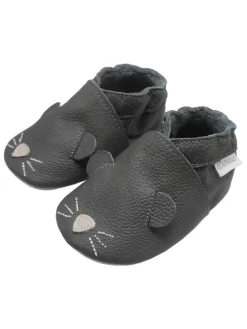 Graue Baby-Leder-Laufschuhe, komfortabel mit rutschfester Sohle - Mäusemuster