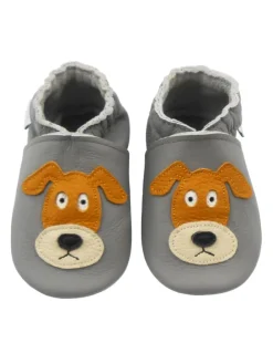 Graue Baby-Leder-Laufschuhe, komfortabel mit rutschfester Sohle - mit Hundemotiv
