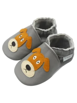 Graue Baby-Leder-Laufschuhe, komfortabel mit rutschfester Sohle - mit Hundemotiv