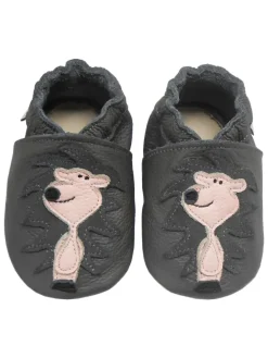 Graue Leder Krabbelschuhe für Babys mit rutschfester Sohle – Löwen-Muster