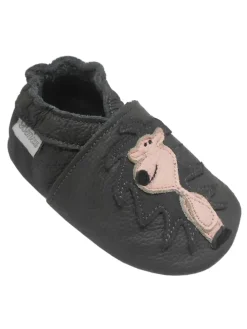 Graue Leder Krabbelschuhe für Babys mit rutschfester Sohle – Löwen-Muster