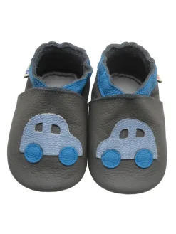 Graue Leder-Baby-Lauflernschuhe mit rutschfester Sohle – Blaue Auto-Muster