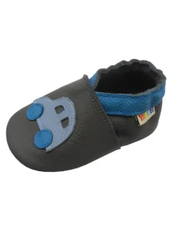 Graue Leder-Baby-Lauflernschuhe mit rutschfester Sohle – Blaue Auto-Muster