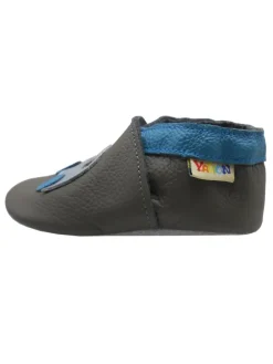 Graue Leder-Baby-Lauflernschuhe mit rutschfester Sohle – Blaue Auto-Muster