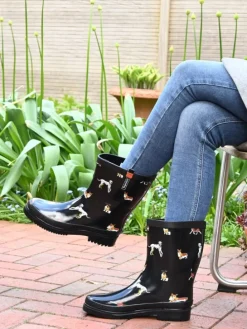 Gummistiefel Waldi Halbschaft mit Hunde Motiv in schwarz