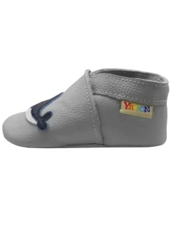 Hellgraue Krabbelschuhe aus Leder mit rutschfester Sohle – Wal-Muster
