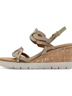 Keilsandaletten in Hellbraun/ Gold