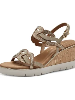 Keilsandaletten in Hellbraun/ Gold