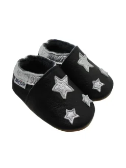 Leather baby crawling shoes with star patterns, non-slip sole, black