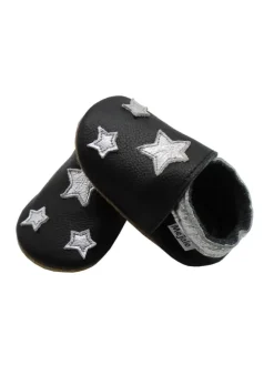 Leather baby crawling shoes with star patterns, non-slip sole, black