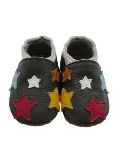 Leder Babyschuhe mit buntem Sternmuster, rutschfeste Sohle, schwarz