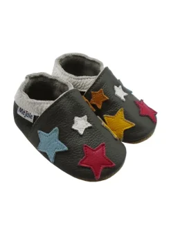 Leder Babyschuhe mit buntem Sternmuster, rutschfeste Sohle, schwarz