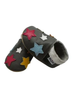 Leder Babyschuhe mit buntem Sternmuster, rutschfeste Sohle, schwarz