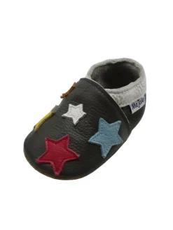 Leder Babyschuhe mit buntem Sternmuster, rutschfeste Sohle, schwarz