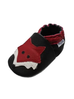 Leder Babyschuhe mit rotem Fuchsmuster, rutschfeste Sohle, schwarz