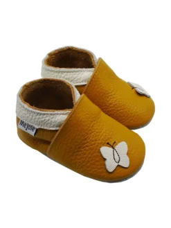 Leder Babyschuhe mit Schmetterlingsmuster, rutschfeste Sohle, sandgelb